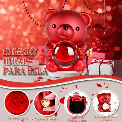 Oso Rosa Eterna con Collar Doble Corazón