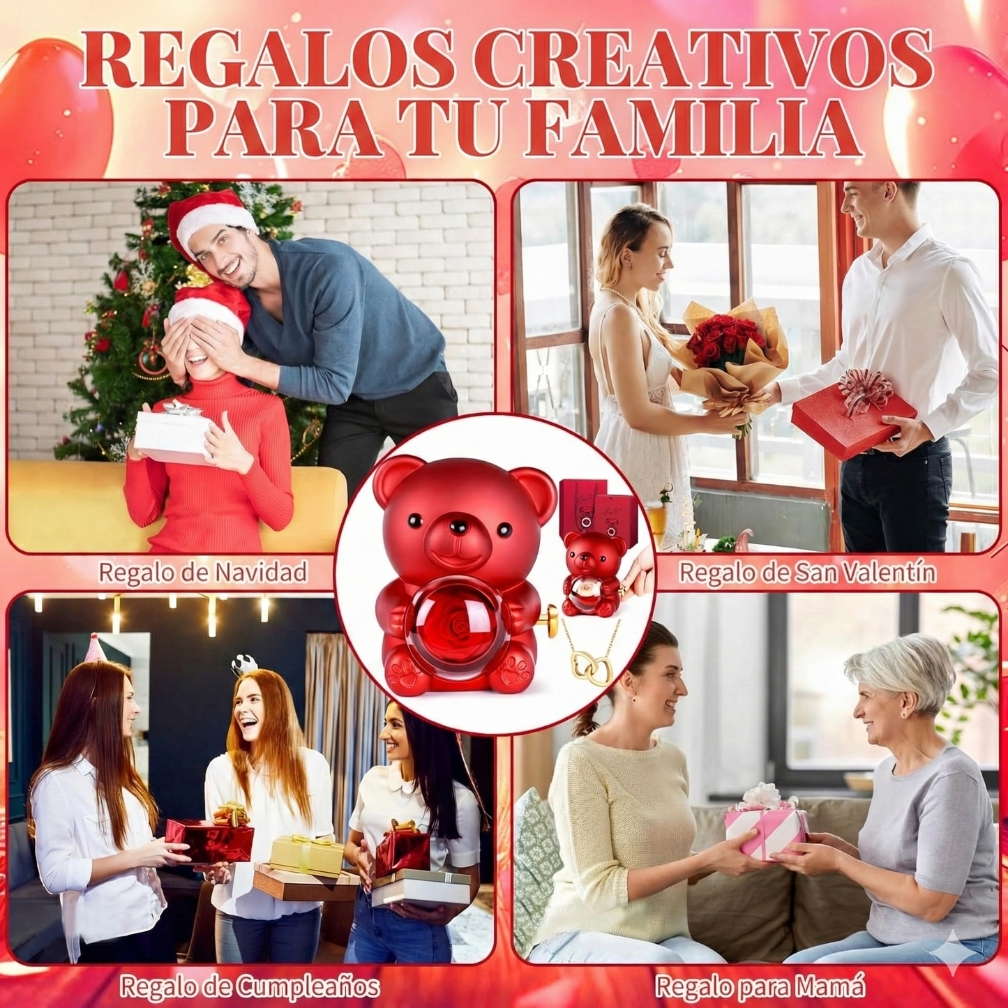 Oso Rosa Eterna con Collar Doble Corazón