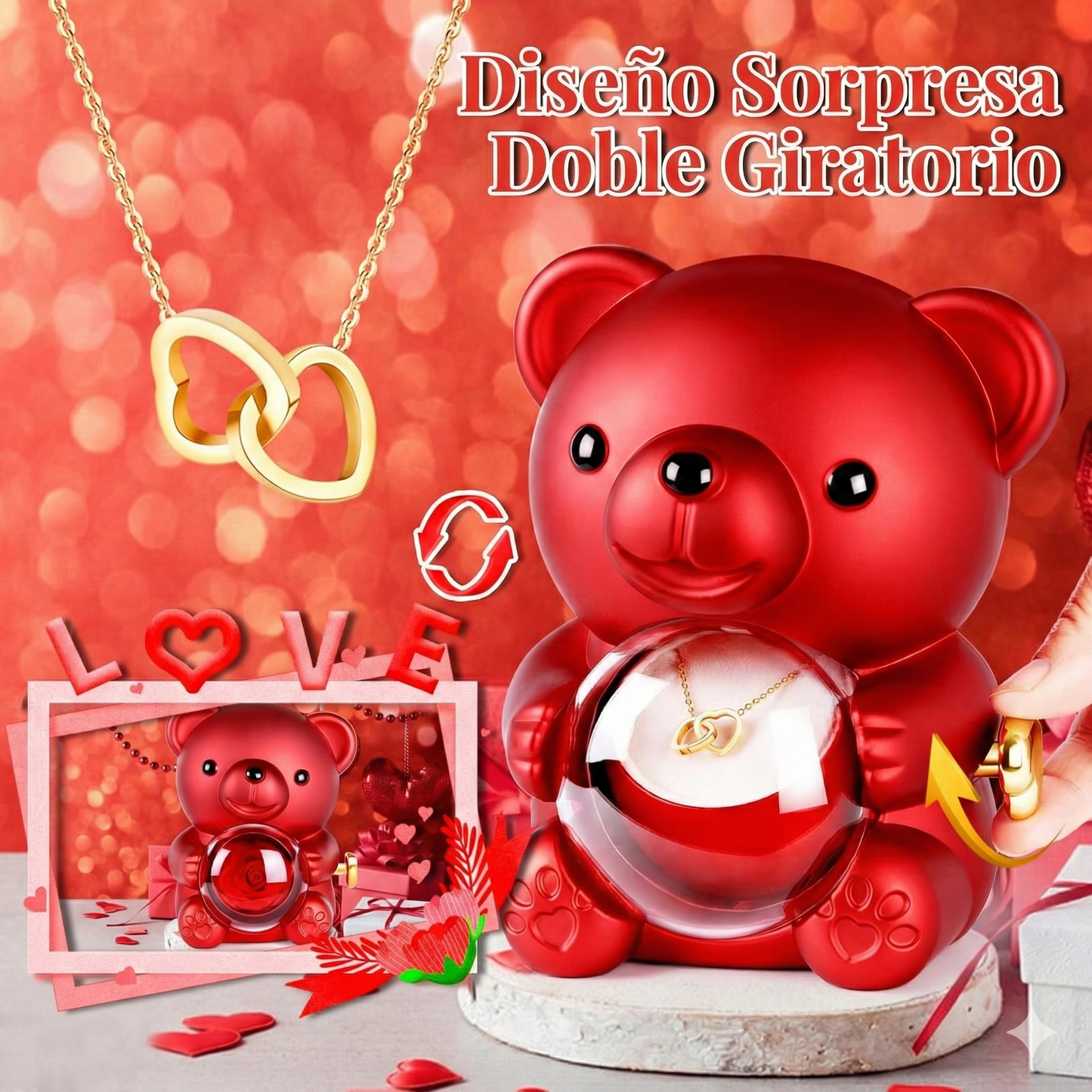 Oso Rosa Eterna con Collar Doble Corazón